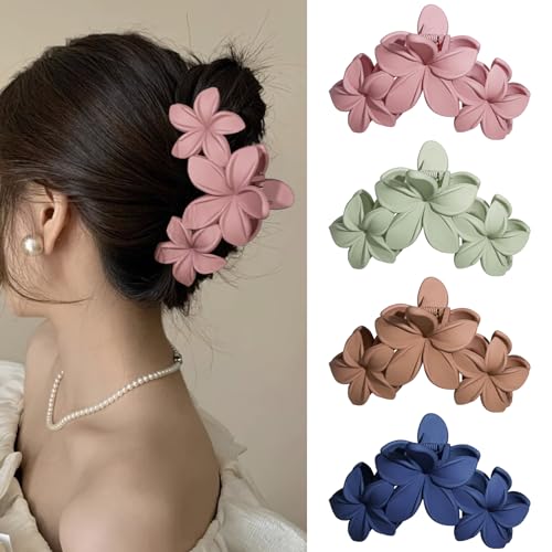 4PCS Plumeria Hawaiian Flower Claw Clips - Large Strong Hold Beach Hair Accessories for Thick Hair (Colorful) - color: Multi-colored-B