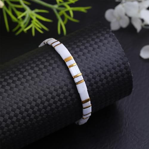Tila Flat Beaded Stretch Bracelet for Women,Bohemian Friendship Bead Bracelets Handmade Stack Boho Jewelry Accessory for Everyday Wear, Vacation and Friend Gifts - color: white