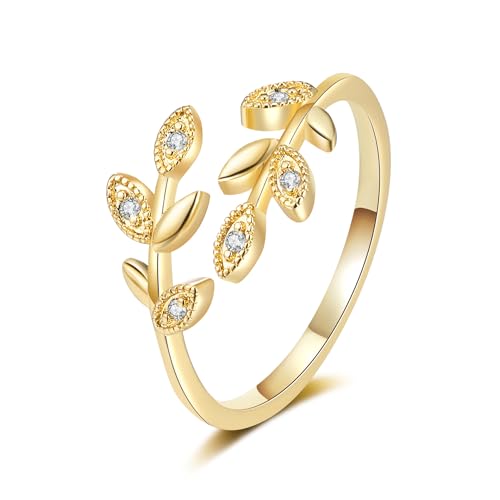 Adjustable Women's Cubic Zirconia Leaf Shaped Ring, 18K Gold-Plated Exquisite Stackable Women's Ring, A Great Gift for Her - color: H