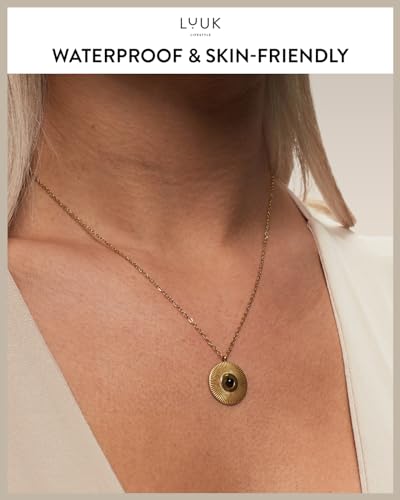 LUUK LIFESTYLE Minimalist necklace with rainbow pendant, HAPPINESS slogan card, symbol of diversity, waterproof stainless steel, gift for women, trendy, chic, silver - color: Gold, size: Coin with black stone