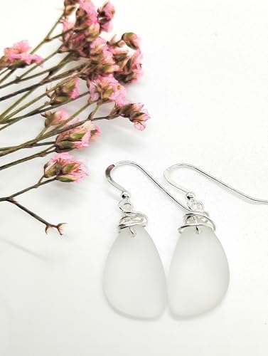 Popular Recycled Sea Glass Earrings on Sterling Silver Hooks - color: White