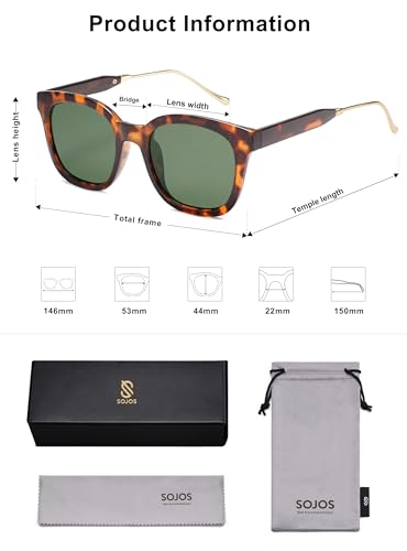 SOJOS Classic Square Polarized Sunglasses Womens Mens Retro Trendy UV400 Sunnies SJ2050 - color: Dark Tortoise/Green