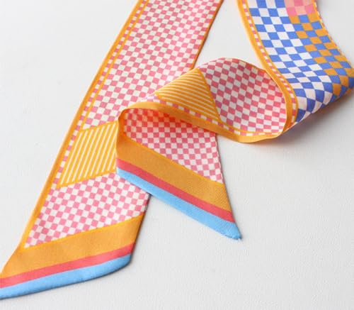 JERLA 100% Mulberry silk Scarf bag scarf Head Hair Ribbon Handbag Handle wrap Tie Bundle Neckerchief Scarf for women - color: Plaid Orange