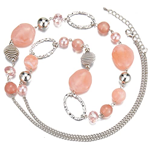BULINLIN Beaded Long Necklace for Women Silver Sweater Chain Necklace with Crystal Resin Beads, Fashion Jewelry Necklace - color: Pink