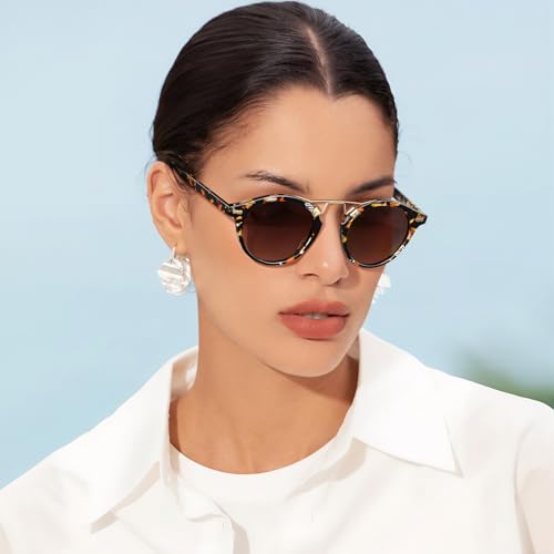 CARFIA Double Bridge Small Acetate Sunglasses for Women Polarized, Retro Metal Brow Ladies Sunnies Fashion Round Eyewears - color: 3. Tortoise Frame Gradient Brown Lens