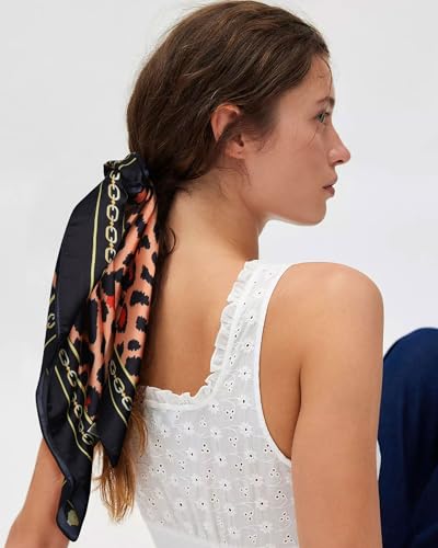 AWAYTR 27.5” Square Satin Head Scarf Hair Scarf for Women's Hair Silk Bandana for Women Silk Head Wrap for Sleeping - color: Leopard (Oil Green)