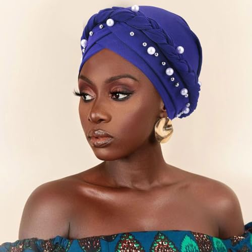 African Women Turban Caps Pre-Tied Twisted Turbans Head Scarf for Women Hair Wraps Cover Beanie Cancer Chemo Headwear - color: 1 Pack Twisted Braid A: Pearls Blue