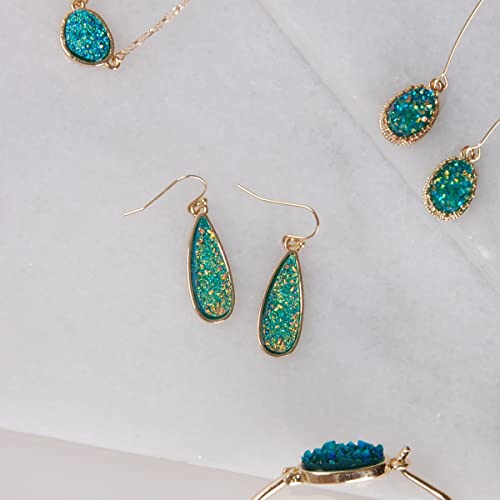 Teardrop Dangle Earrings for Women with Simulated Druzy Stones, in Gold or Rose Gold Tone - color: Gold - Blue Green Stone