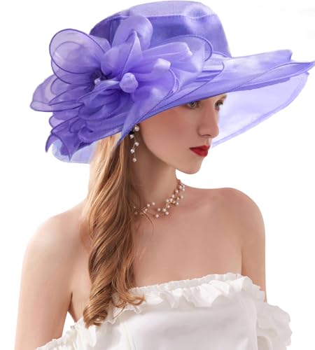 ORIDOOR Women’s Organza Church Tea Party Wedding Fascinator Derby Hat Wide Brim Sun Hats - color: C4-lavender