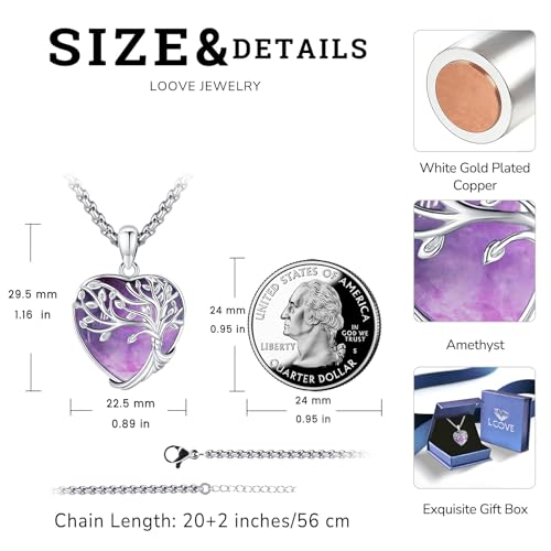 Turquoise/Amethyst/Moonstone/Black Onyx Tree of Life Necklace for Women Hummingbird Necklaces White Gold Plated Copper Jewelry - style: A-Tree of Life -Amethyst