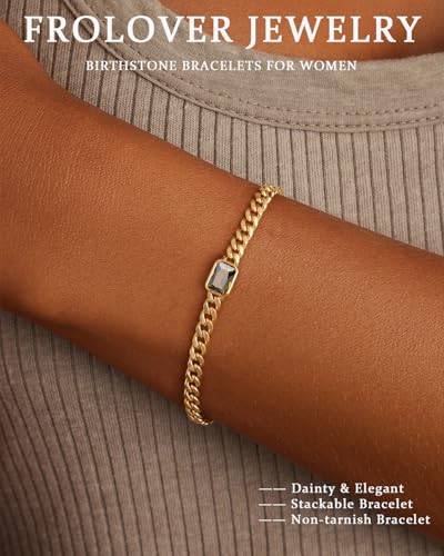 Birthstone Gold Bracelets for Women Non Tarnish Trendy 14k Gold Plated Bracelet Dainty Charm Emerald Bracelets Stack Cuban Link Friendship Bracelets Jewelry Gifts for Birthday/Valentine's Day - color: 08. August(Peridot)