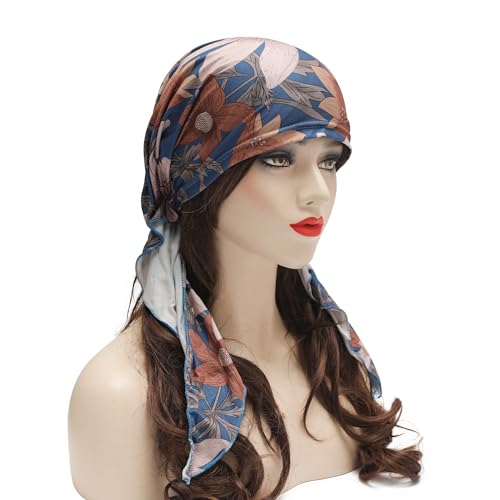 ZLYC Chemo Headwear Pre Tied Head Scarf Headwraps Lightweight Turban Beanie Cap for Women - color: Flower Blue