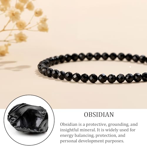 Natural Gemstone Beads Bracelets Healing Crystal Stone Beaded Bracelet for Women Men Handmade Spiritual Jewelry Gifts - color: Obsidian, size: Faceted Round Beads