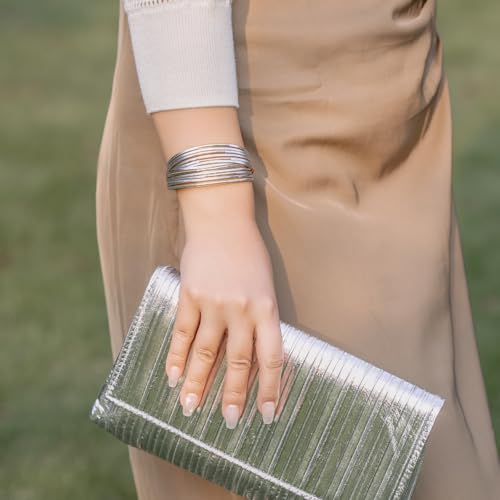 FANCY SHINY Boho Leather Bangle Bracelets Stackable Noodle Tube Bracelets Layered Wrap Cuff Bracelets with Magnetic Clasp - color: Silver