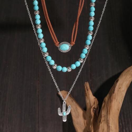 Fuqimanman2020 Boho Layered Western Necklaces for Women Cowgirl Cactus Turquoise Beaded Ox-head Hat Pendant Country Concert Jewelry - color: D