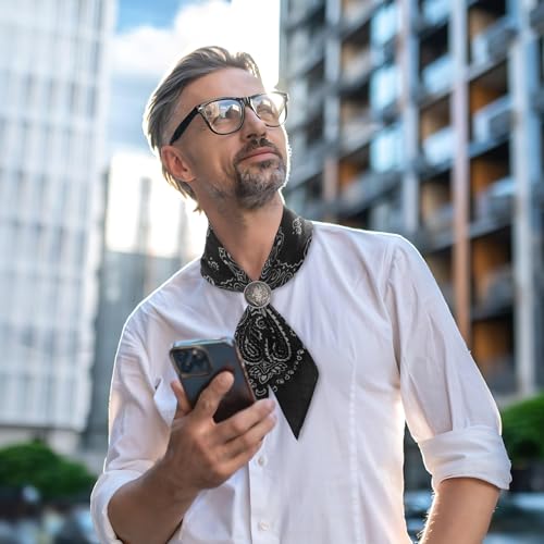 Western Bandana Scarf With Vintage Coin Buckle, Paisley Pattern Neck Scarf for Men Pocket Square Cowboy Scarves - color: Black