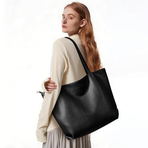 WLLWOO Soft Vegan Leather Tote Bag for Women Large Casual Hobo Handbags Zipper Shoulder Work Daily Weekender Travel Purse - color: Black
