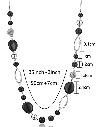 BULINLIN Beaded Long Necklace for Women Silver Sweater Chain Necklace with Crystal Resin Beads, Fashion Jewelry Necklace - color: Black