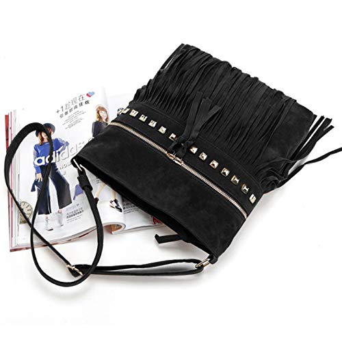 Hoce Women’s Leather Fringe Messenger Bag Large Hobo Crossbody Tassel Shoulder Bags, Gift for Mom Wife Girlfriend - color: E-black