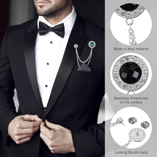 PATIKIL Gem Chain Brooch Pins, Hanging Chain Brooch Suit Pin Tassel Chain Round Crystal Badge Lapel Collar Pins for Men Shirts - color: Silver Tone(Black)