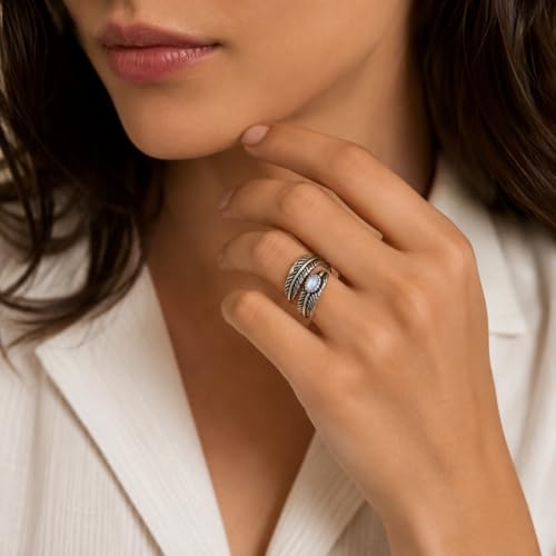 Silver Plated Feather Ring | 925 Silver Adjustable Open Ring | Vintage Leaf Design Inspirational Jewelry for Men & Women | Hypoallergenic Boho Statement Ring - color: Moonstone