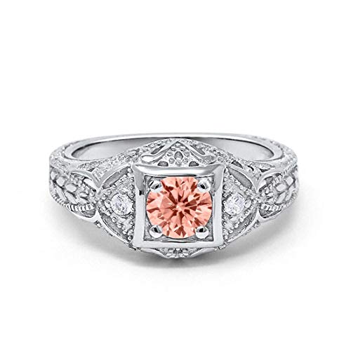 Blue Apple Co. Art Deco Ring Round Cubic Zirconia Leaf Filigree Design Split Shank Twisted Band Bridal Statement Wedding Engagement Rings For Women 925 Sterling Silver Gifts For Her - color: Simulated Morganite