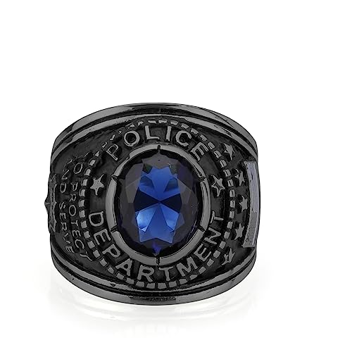 Mia Arte Mens Custom US Vintage Police Officer Shield Ring with Engraved Name | Durable TK316 Stainless Steel | Size 8-14 - color: Black