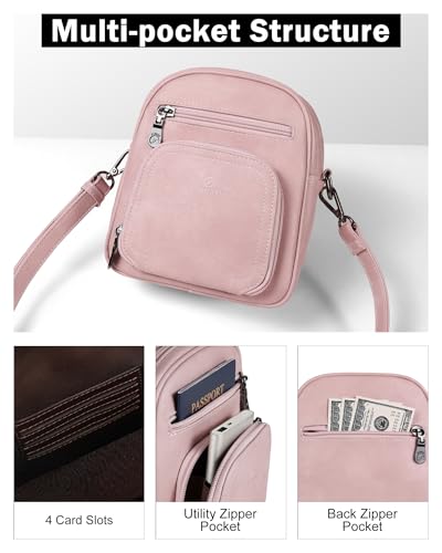 FADEON Small Purses for Women Crossbody Bags, Designer PU Leather Mini Cross Body Purse Travel Shoulder Bag Card Slots - color: Pink Retro Style