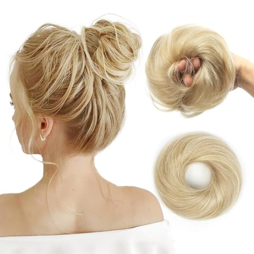 2 PCS Human Hair Bun, Messy Bun Hair Piece, Soft Fluffy Elastic Scrunchie, 30s Easy Updo for Women & Kids, Ideal for Daily Wear, Ballet, Dance & Office Use (Honey Highlights Golden) - color: Ash Blonde with Gold Highlights, size: 4 Inch