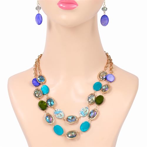 2 Layered Chunky Beaded Shell Necklace for Women Sea Shell blue/yellow/red/green/turquoise/teal/white Statement Necklace and Earring Set Elegant Women Necklace Set Jewelry Sets for Women - color: multi-color