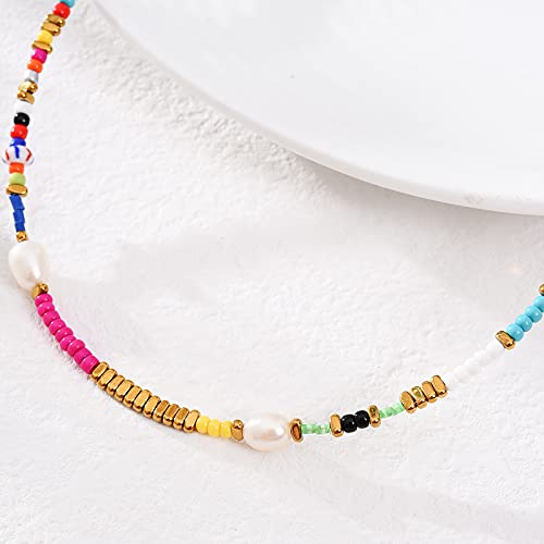 Wellike Freshwater Pearl Beaded Necklace for Women Handmade Boho Colorful Glass Beads Choker Necklace Stainless Steel 18K Gold Plated Bohemian Women Summer Jewelry Gifts - color: KKWX921AMZ
