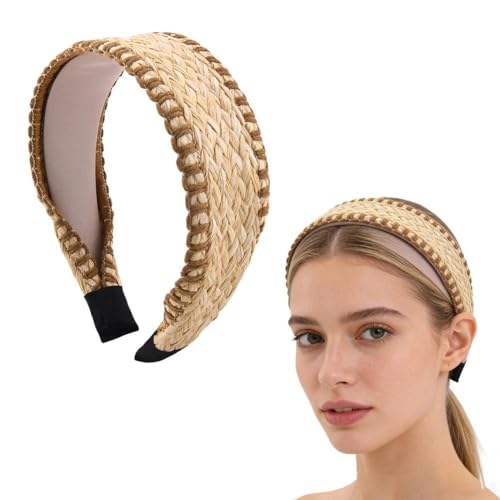 Handwoven Straw Boho Wide Headband for Women Bohemian Non Slip Rattan Crochet Headband Hair Accessory with Gold Trim Braided Hair Band for Summer Beach Festival Wedding Vacation