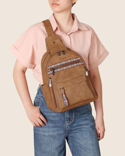 FADEON Large Sling Bag for Women, Leather Crossbody Purse Designer Anti Theft Sling Backpack, RFID Fanny Packs for Travel - color: Camel Brown Nubuck Style