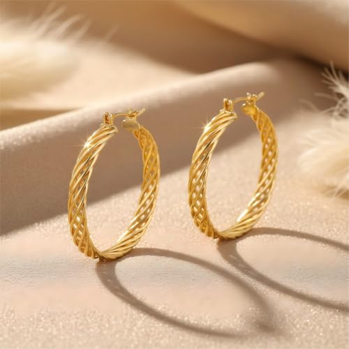 Gold Hoop Earrings for Women 14K Gold Earrings for Women Thick Large Earrings Gold Huggie Earring Womens Lightweight Hypoallergenic - color: Twisted Gold