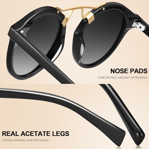 CARFIA Double Bridge Small Acetate Sunglasses for Women Polarized, Retro Metal Brow Ladies Sunnies Fashion Round Eyewears - color: Black