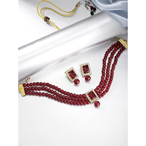Aheli Ethnic Choker Necklace Earrings Wedding Bollywood Party Jewelry Set Gift for Women - color: Maroon 2