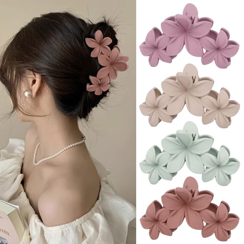 Colorful Plumeria Hawaiian Flower Hair Clips for Women - 4PCS Large Claw Clips for Thick Hair with Strong Hold, Beach Hair Accessories - color: Multi-colored