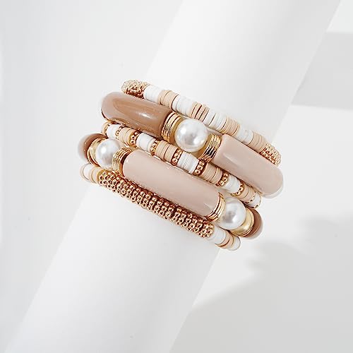 GOOJIDS Simple Beaded Gold Plated Bangles Bracelet Chunky Bamboo Tube Curved Stacking Clear Acrylic Colorful Beads Stretchable Gold Plated Bracelets Set For Women - color: A-A2 Grey Set