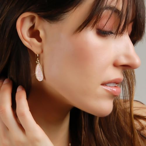 Teardrop Dangle Earrings for Women with Simulated Druzy Stones, in Gold or Rose Gold Tone - color: Gold - Created Rose Quartz