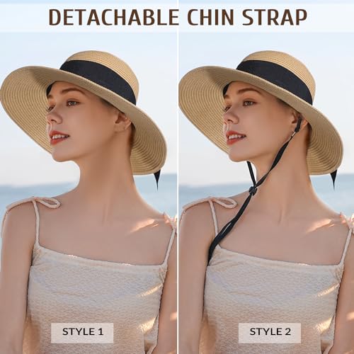 Beach Hats for Women, Sun Straw Hat for Women, UPF 50+ UV Sun Protection Sun Hat Womens, Foldable Floppy Sun Hat - color: N-khaki