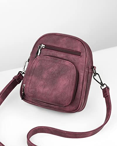 FADEON Small Purses for Women Crossbody Bags, Designer PU Leather Mini Cross Body Purse Travel Shoulder Bag Card Slots - color: Wine Red Retro Style