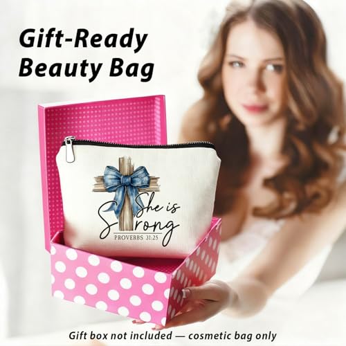 Coquette Blue Bow Christian Makeup Bag, She Is Worthy Blue Girly Cosmetic Bags for Women, Proverbs 31 Woman Gifts, Christian Gifts for Women, Preppy Aesthetic Zipper Makeup Pouch - color: 01- Bible(01)