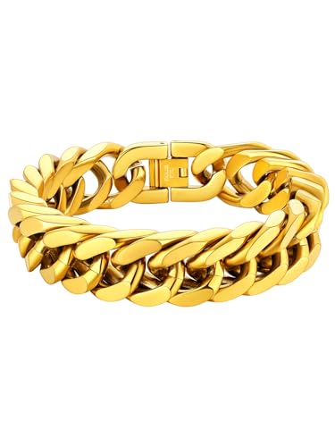 ChainsHouse Stainless Steel Cuban Link Bracelet, 8mm/12mm/17mm Width, 7.5"/8.3"/9", 18K Gold Plated Chain Wrist Bracelets for Men Women, Send Gift Box - color: O: Gold-17mm width