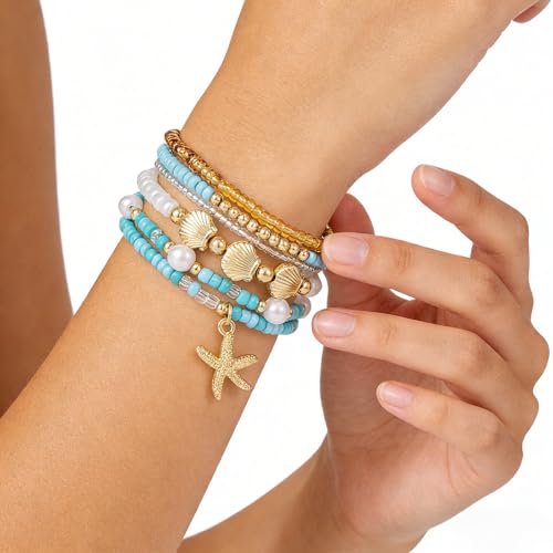 Shell Bracelet Seashell Boho Beaded Stretch Bracelets for Women Summer Beach Bracelets Starfish Charm Bracelet Stackable Gold Plated Bracelets Set for Women - color: f-blue