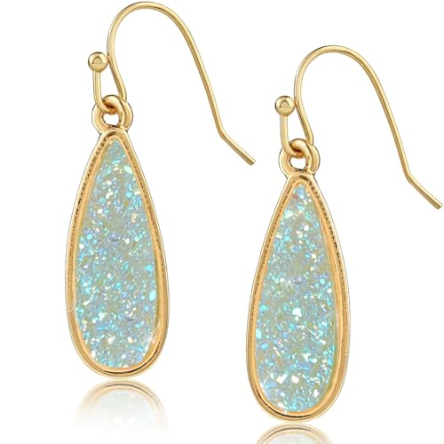 Teardrop Dangle Earrings for Women with Simulated Druzy Stones, in Gold or Rose Gold Tone - color: Gold - Aqua Glitter Stone