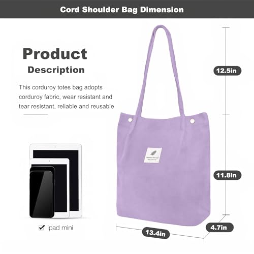 Corduroy Tote Bag for Women Small Canvas Shoulder Purse Cord Handy Bag with Inner Pocket | with Front Pocket - color: 02 Purple
