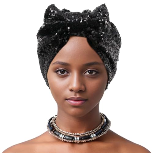 Erinaco Women Sparkle Sequin African Turban Bow Knot Pre-Tied Cap Pleated Ruffle Bonnet Beanie Hat Headwrap Skull Caps - color: Black Sequin