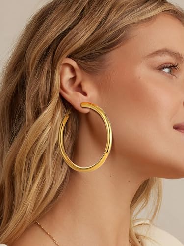 Stainless Steel Chunky Hoop Earrings For Women, Minimalist and Chic, Black/Gold Plated, Round Hoops Earrings Hypoallergenic, Size: 30mm/40mm/60mm/80mm, Come with Box - color: 1. Gold, size: 70MM