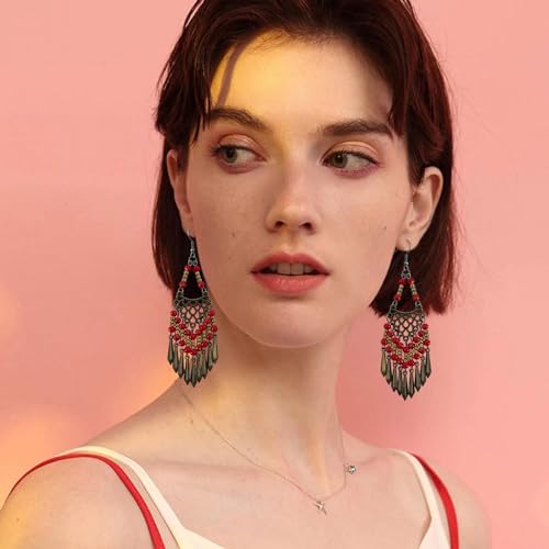 Handmade Vintage Bronze Bohemian Long Tassel Colorful Bead Dangle Drop Earrings Big Tribal Chandelier Geometry Hook Earrings for Women Statement Jewelry Gifts - color: Deep Red