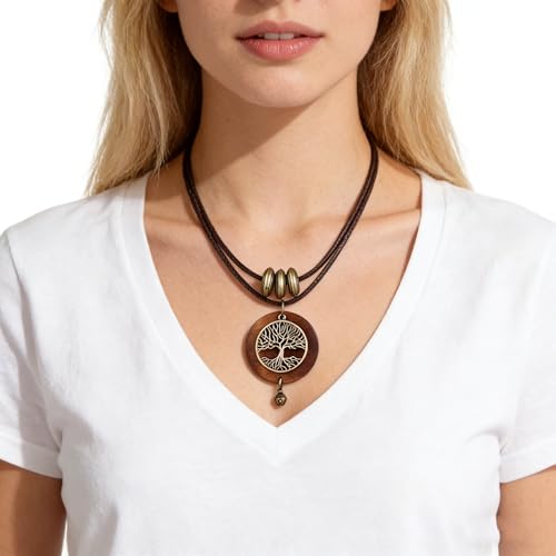 Brown Wooden Choker Chunky Pendant Necklaces for women - color: C